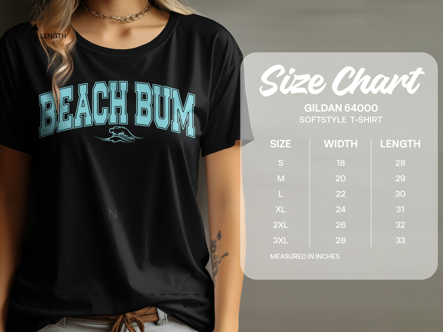 Black t-shirt with "BEACH BUM" graphic and size chart.