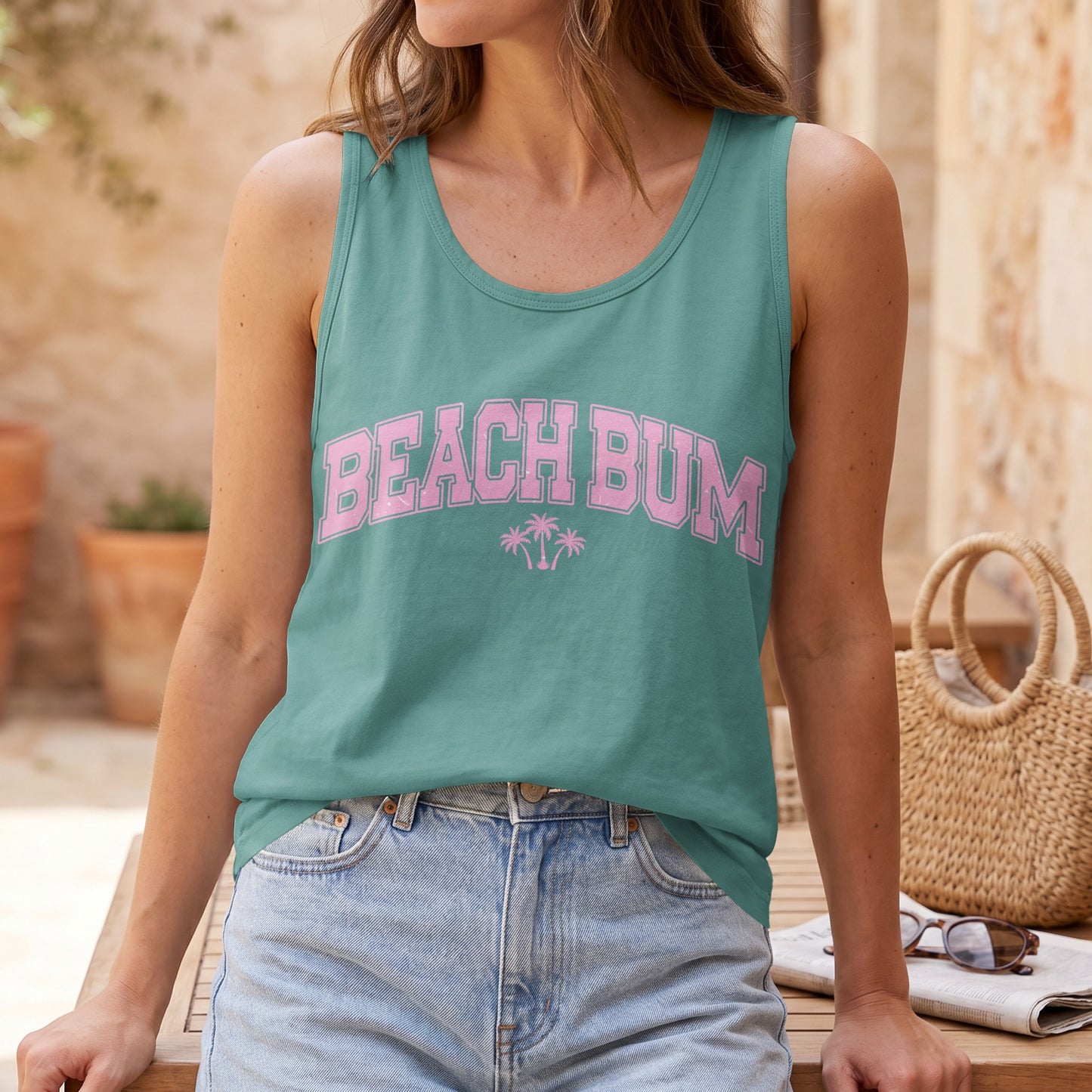 Teal tank top with pink "BEACH BUM" text and palm trees.