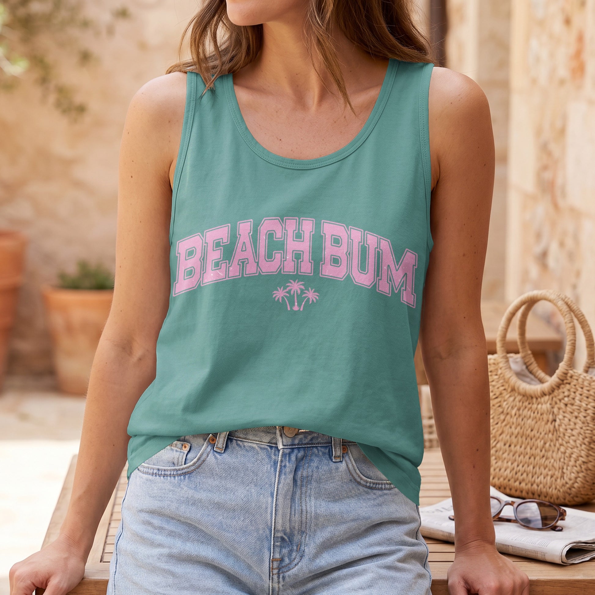 Teal tank top with pink "BEACH BUM" text and palm trees.