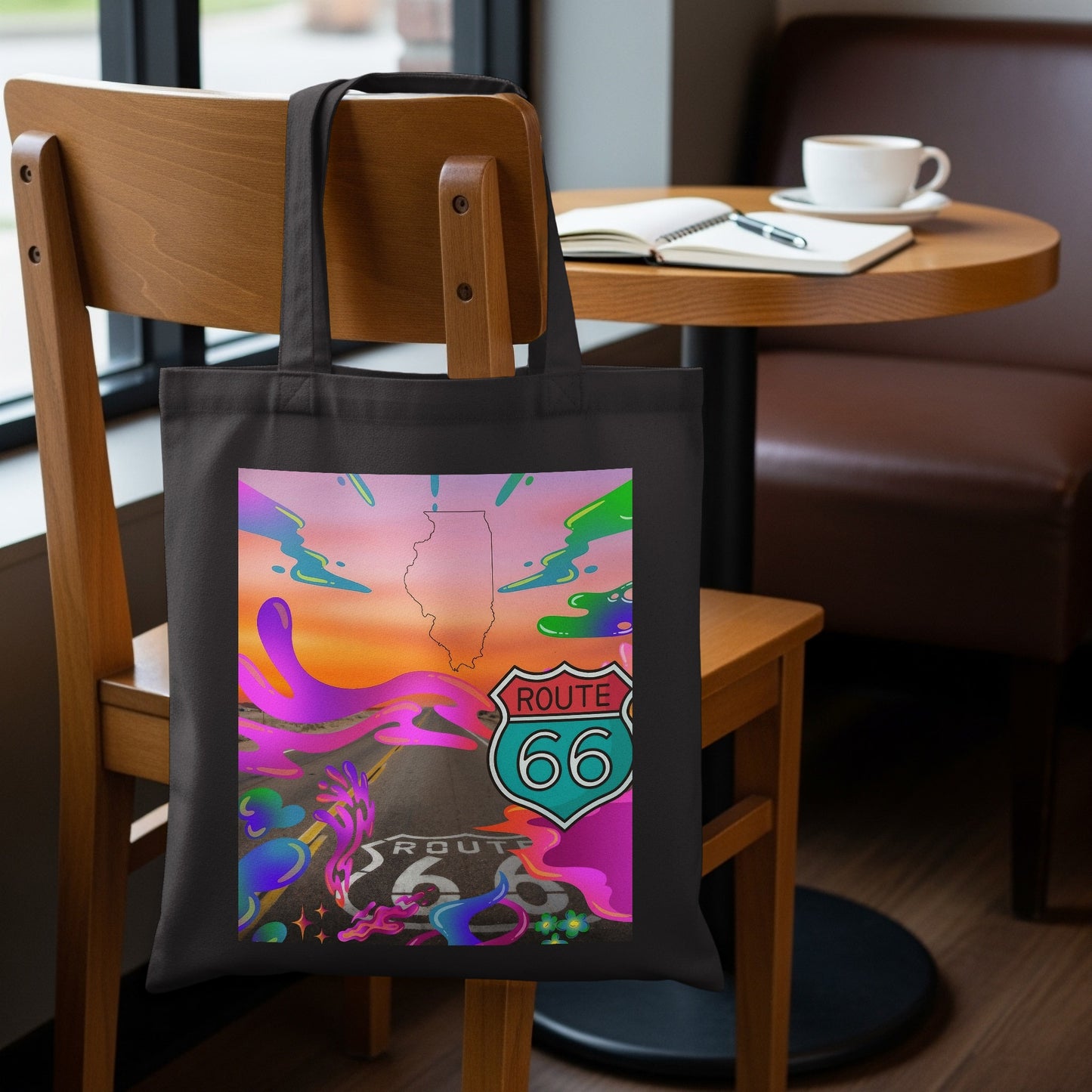 Black tote bag with Route 66 Illinois graphic and abstract colorful design.