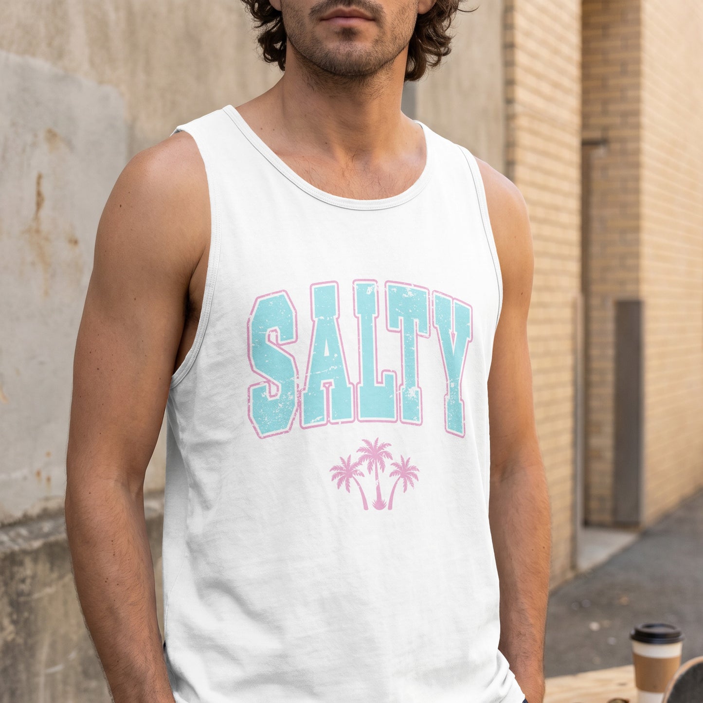White tank top with "SALTY" text and palm trees in blue and pink.