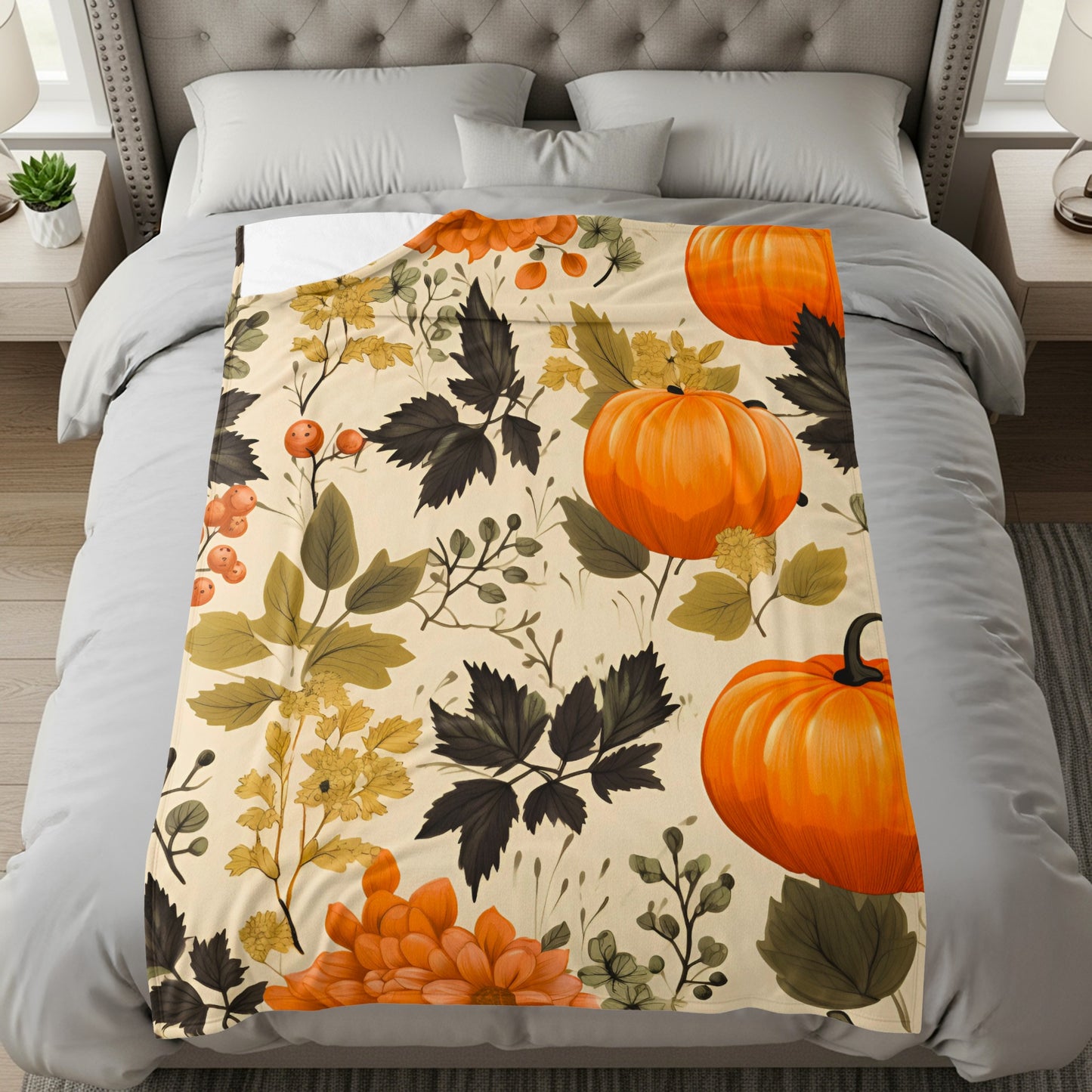 Autumn Pumpkin and Foliage Design Bedspread