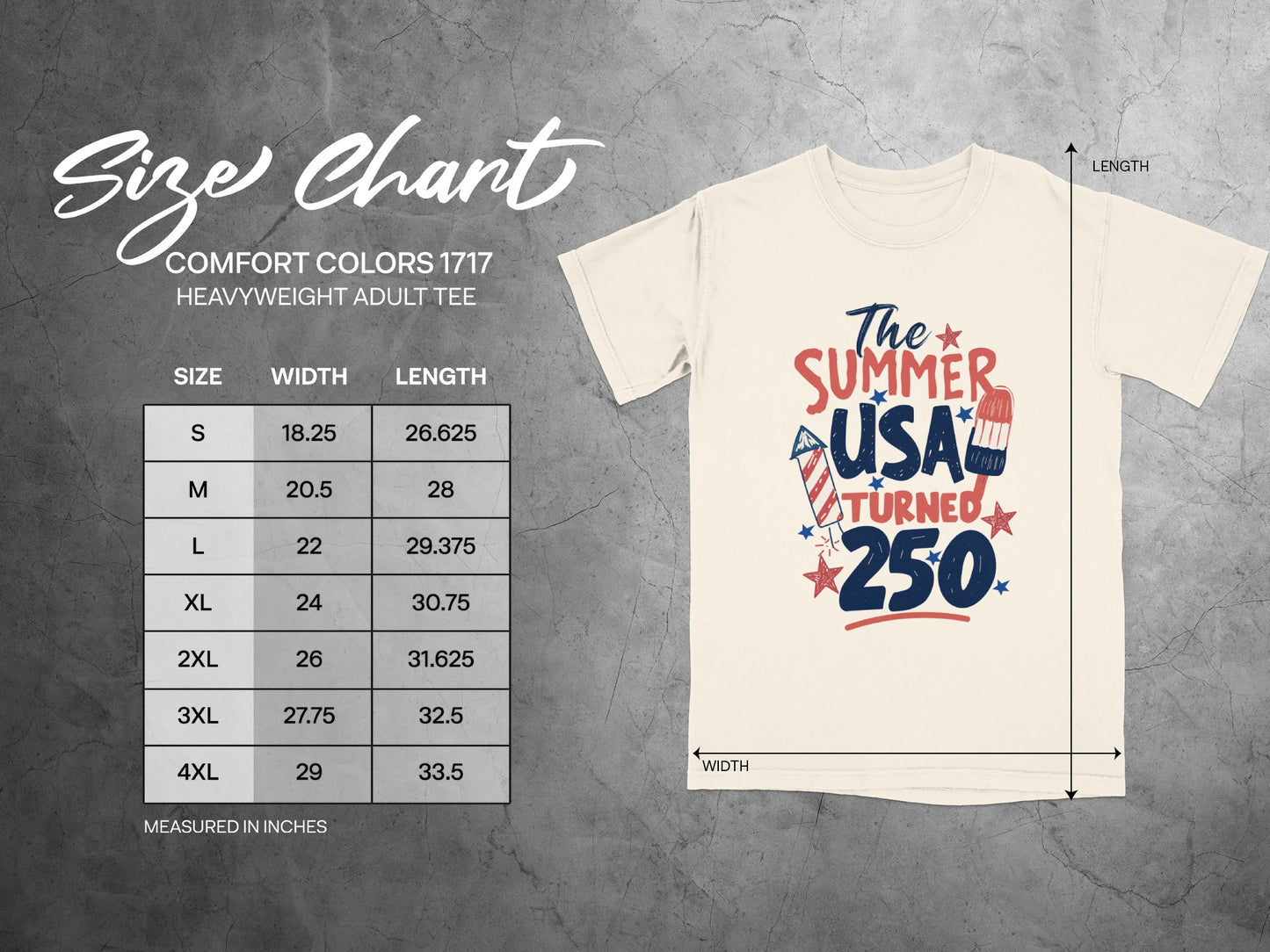 Size chart for Comfort Colors 1717 heavyweight adult tee.