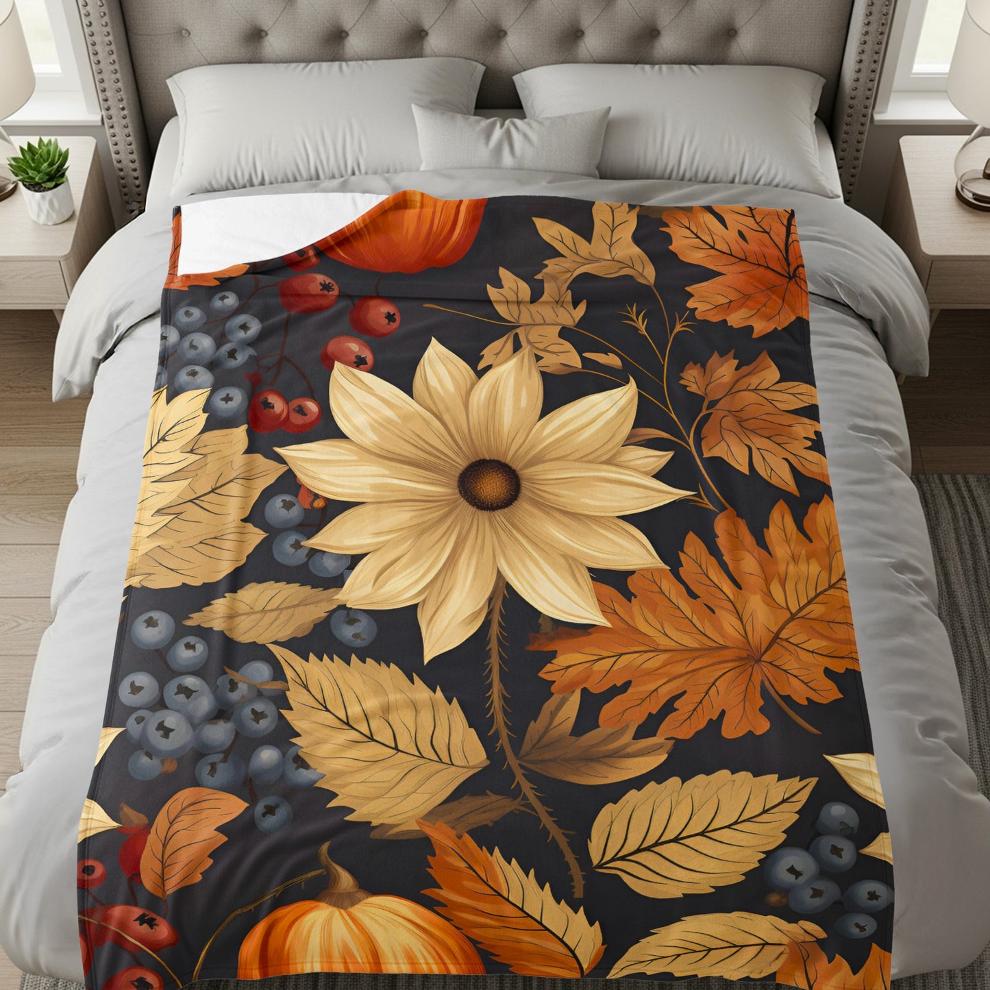 Autumn Floral and Pumpkin Decorative Blanket