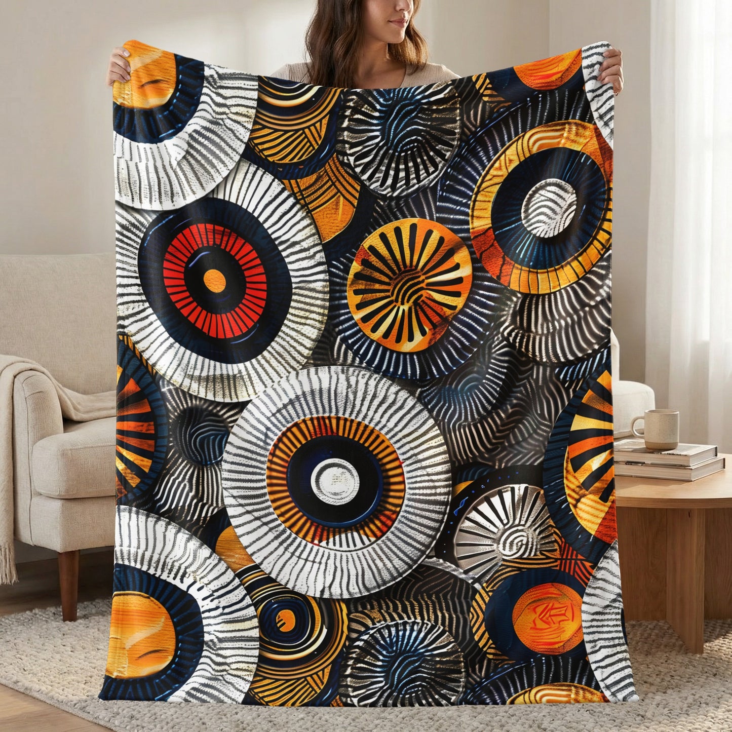 A person holds a blanket with a black, orange, and white circular abstract pattern.