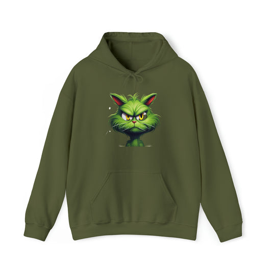 a green hoodie with an image of a cat on it