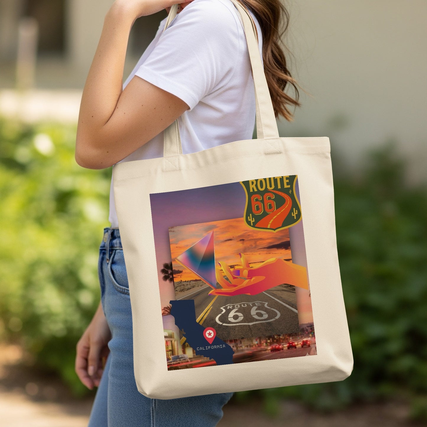 Tote bag featuring Route 66, California, and abstract geometric art.
