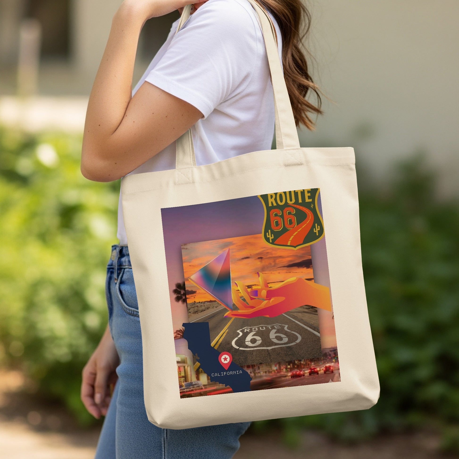 Tote bag featuring Route 66, California, and abstract geometric art.