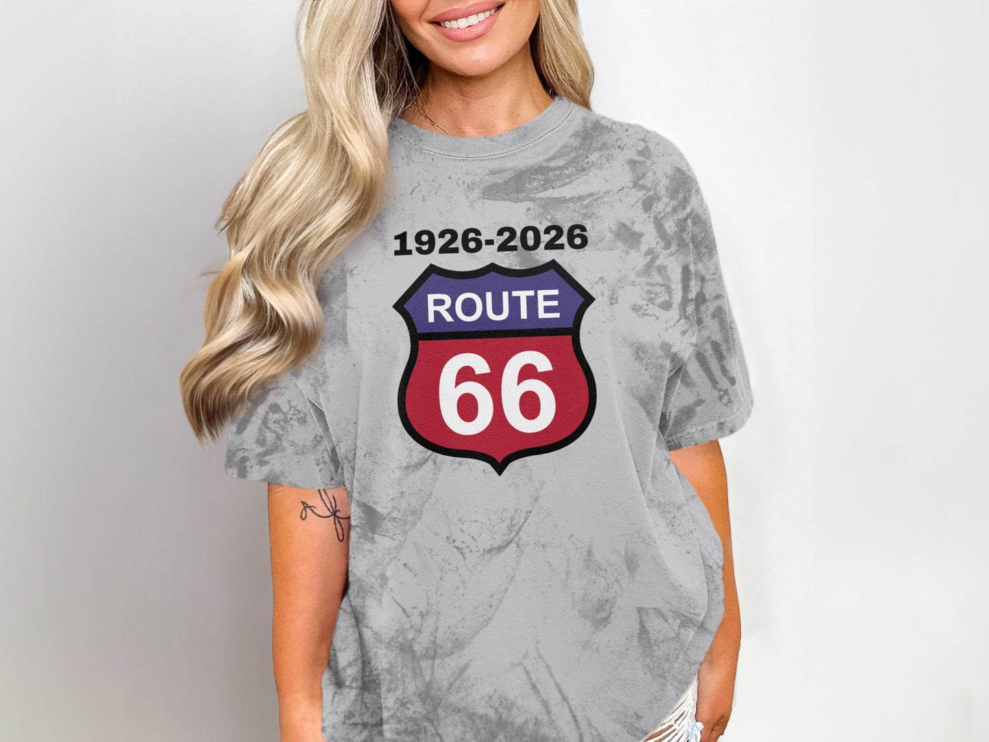 Tiedye t-shirt with Route 66 shield, 1926-2026.