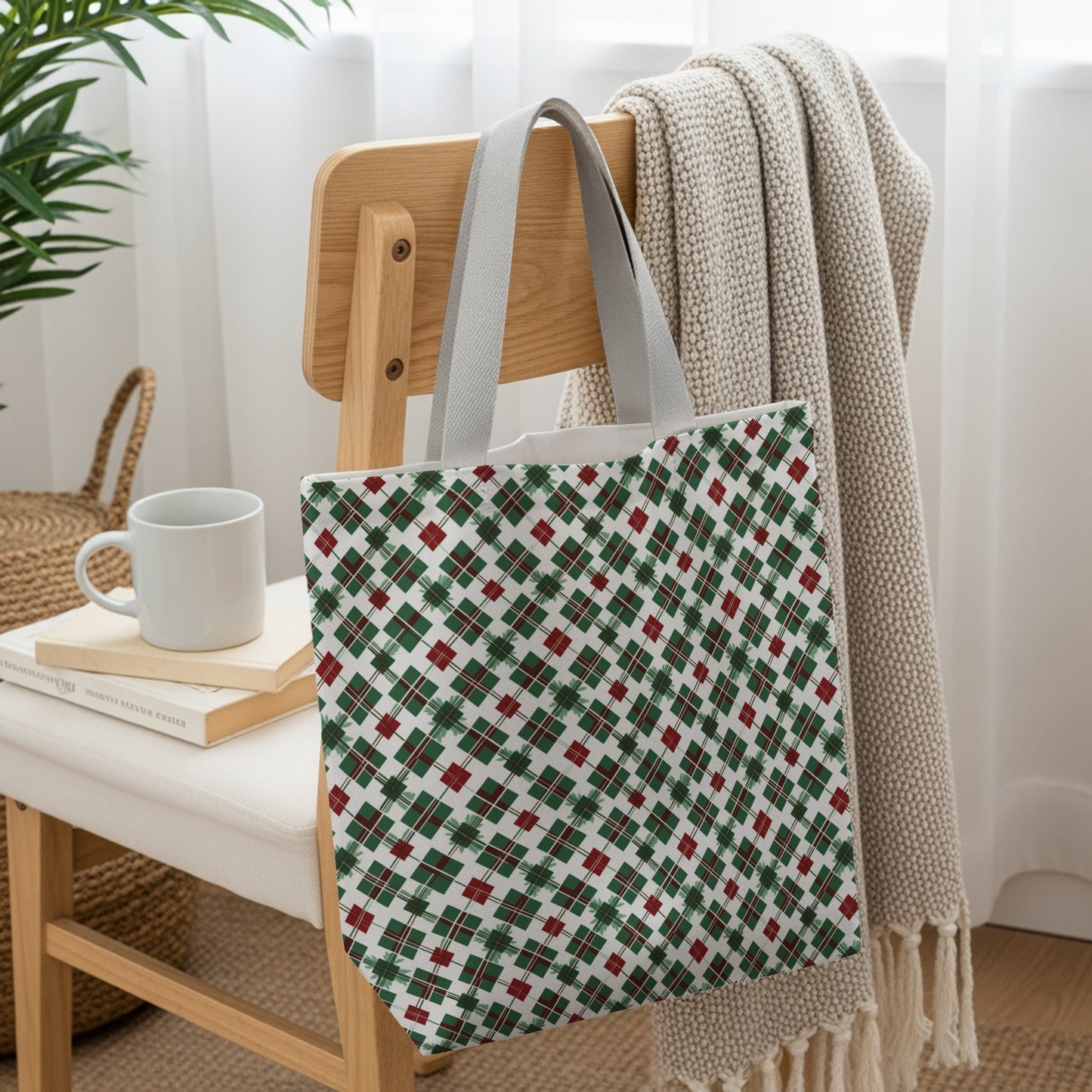 Stylish Red Green and White Patterned Tote Bag