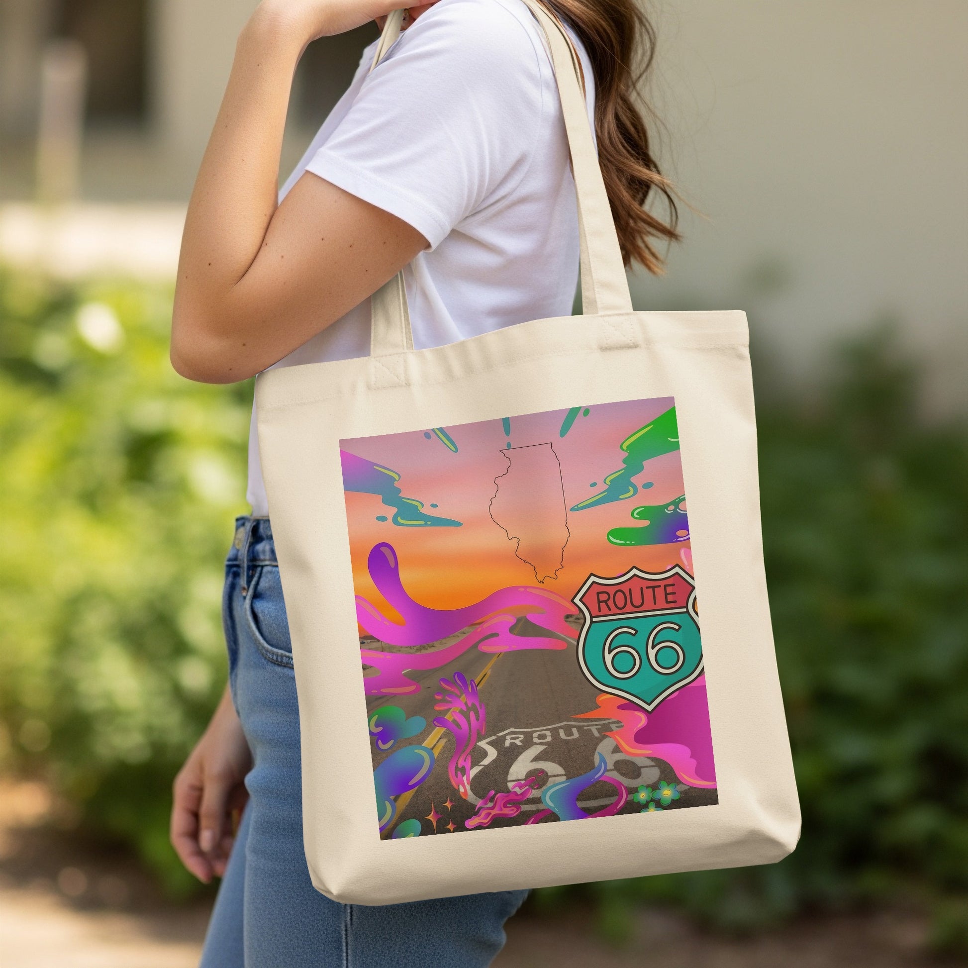 Tote bag featuring Route 66 sign and abstract colorful design.