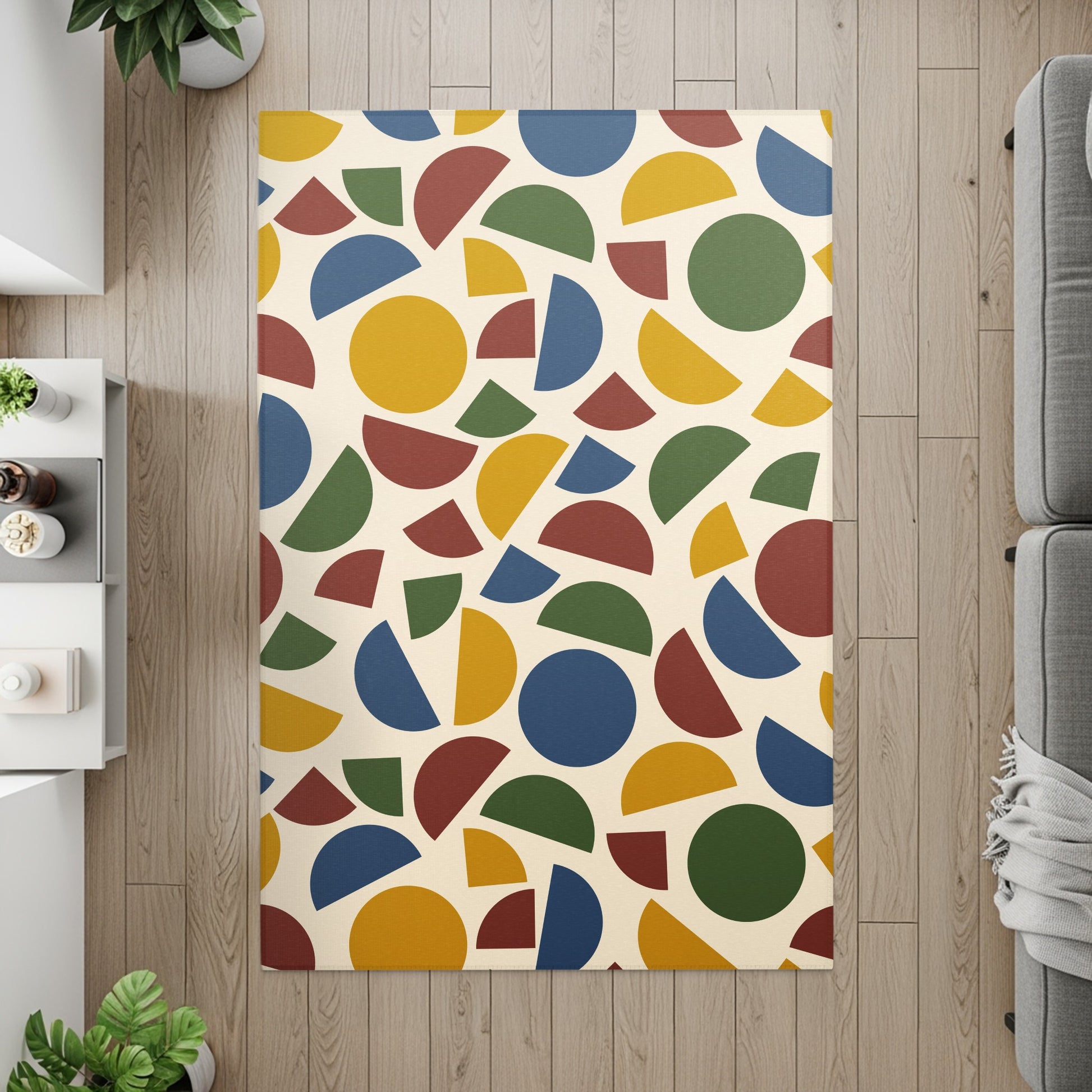 Colorful abstract geometric shapes rug with circles and semicircles on a cream background.