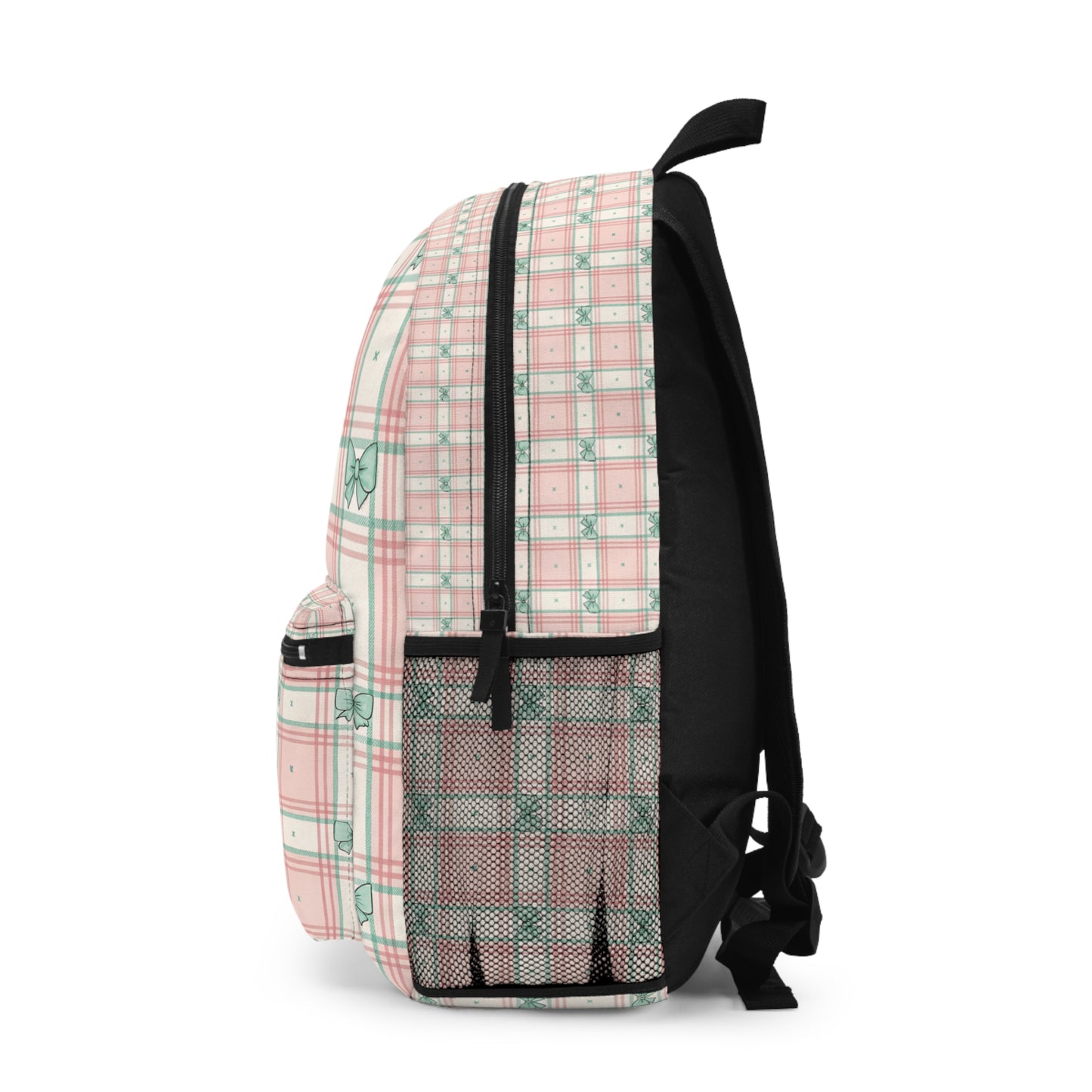 Pink and green plaid backpack with bow pattern and black mesh pocket.