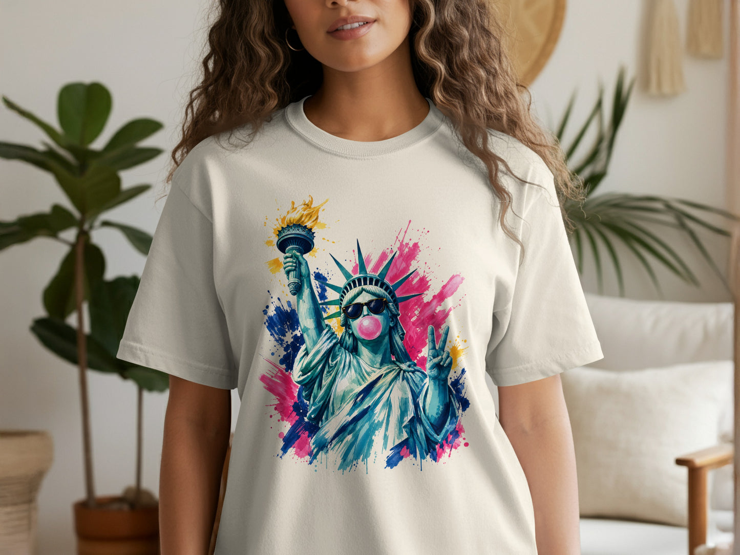 Statue of Liberty blowing bubblegum with colorful paint splatters.