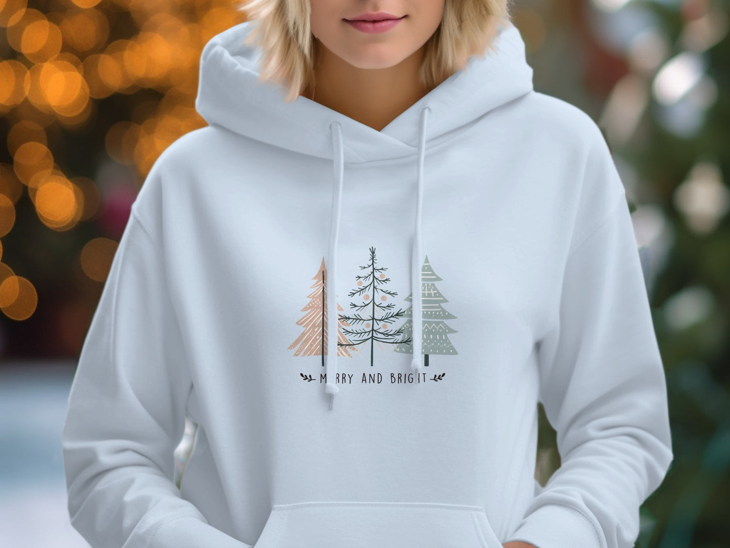 Merry and Bright Hoodie with Festive Trees Design