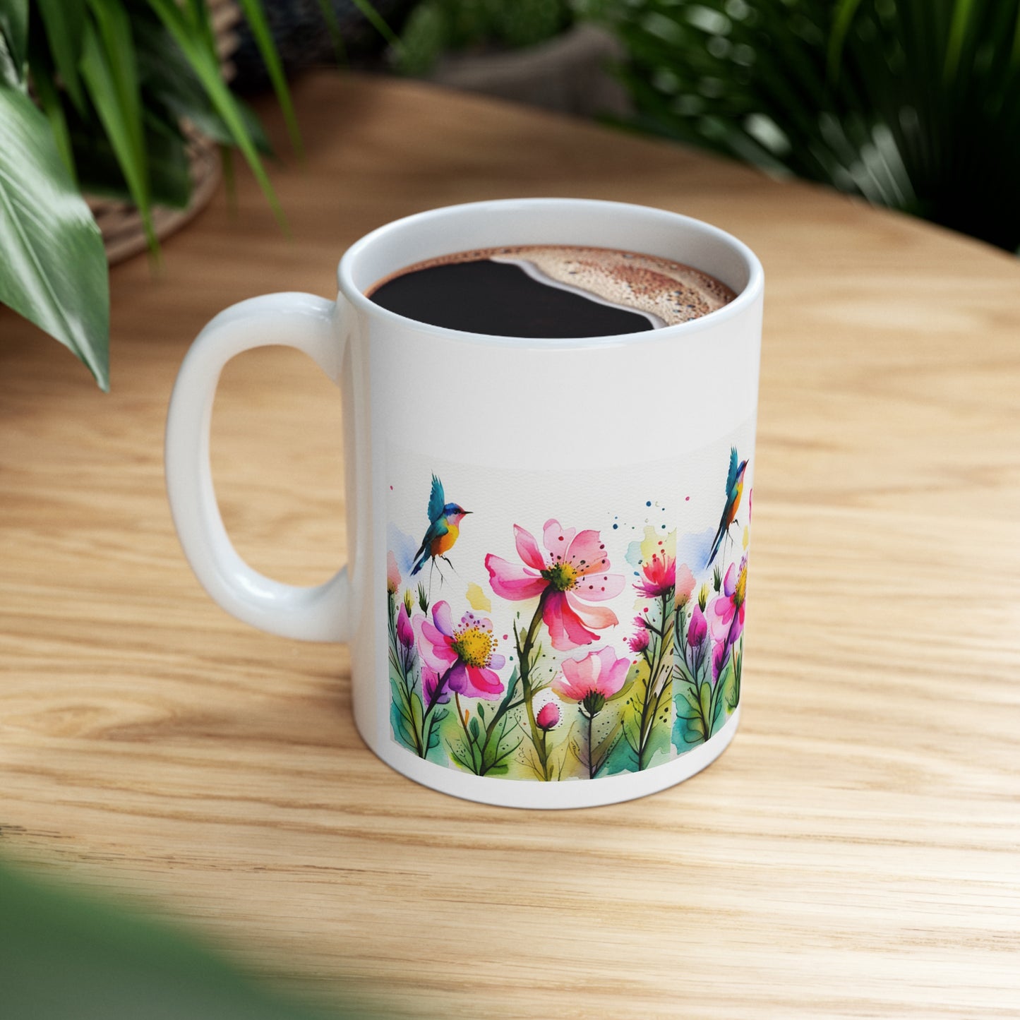 Floral Coffee Mug, Pressed Pink Watercolor Wildflowers  Ceramic Mug 11oz,  Coffee Mug Gift