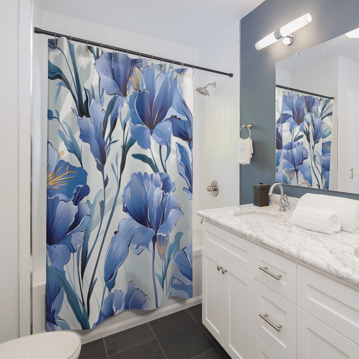 Luxurious Floral Blue and White Shower Curtain