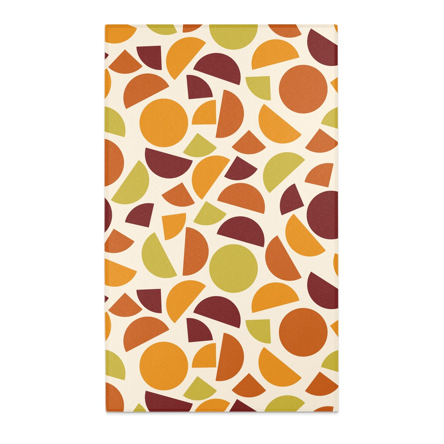 Symmetrical pattern of orange, green, and burgundy semi-circles and circles on a cream background.