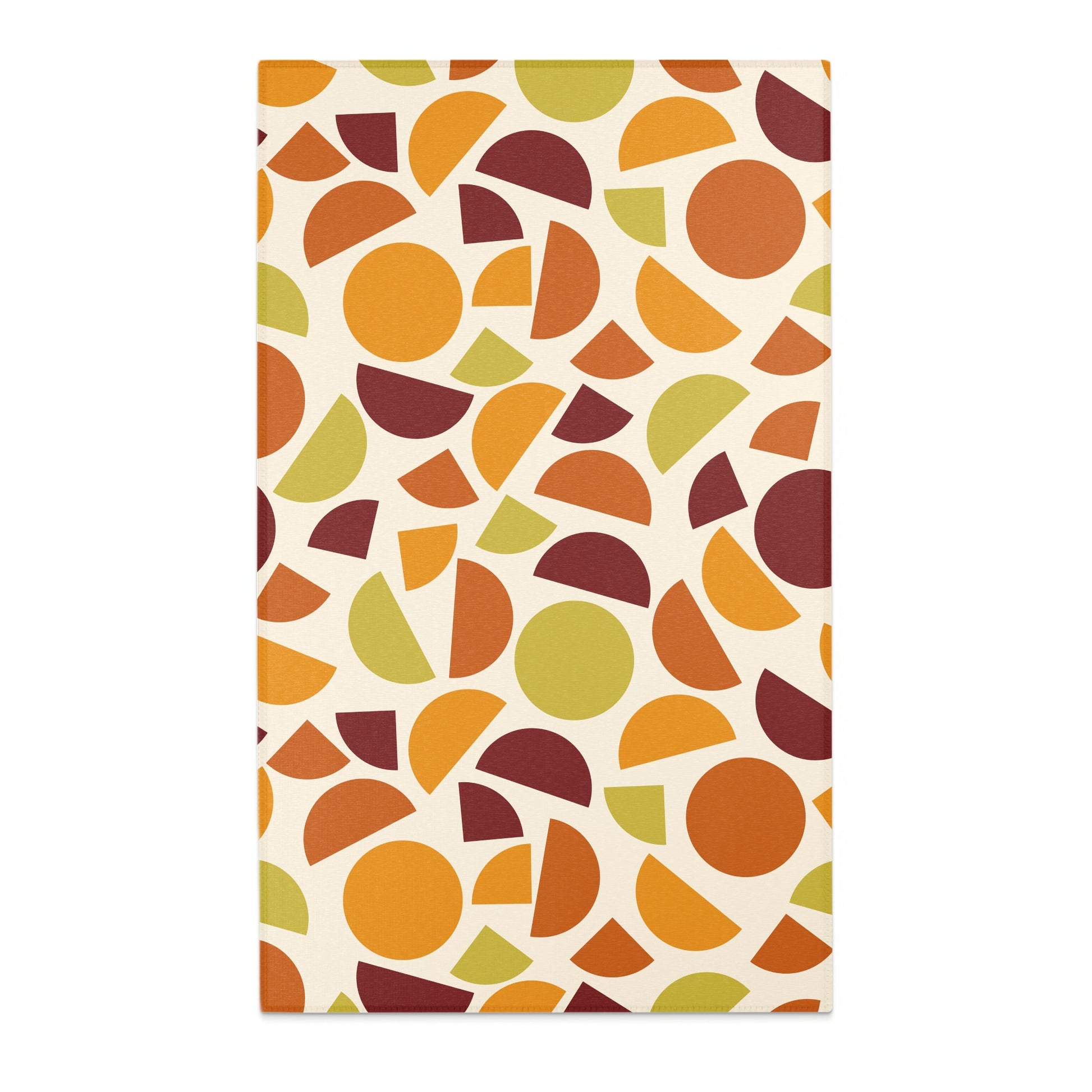 Symmetrical pattern of orange, green, and burgundy semi-circles and circles on a cream background.