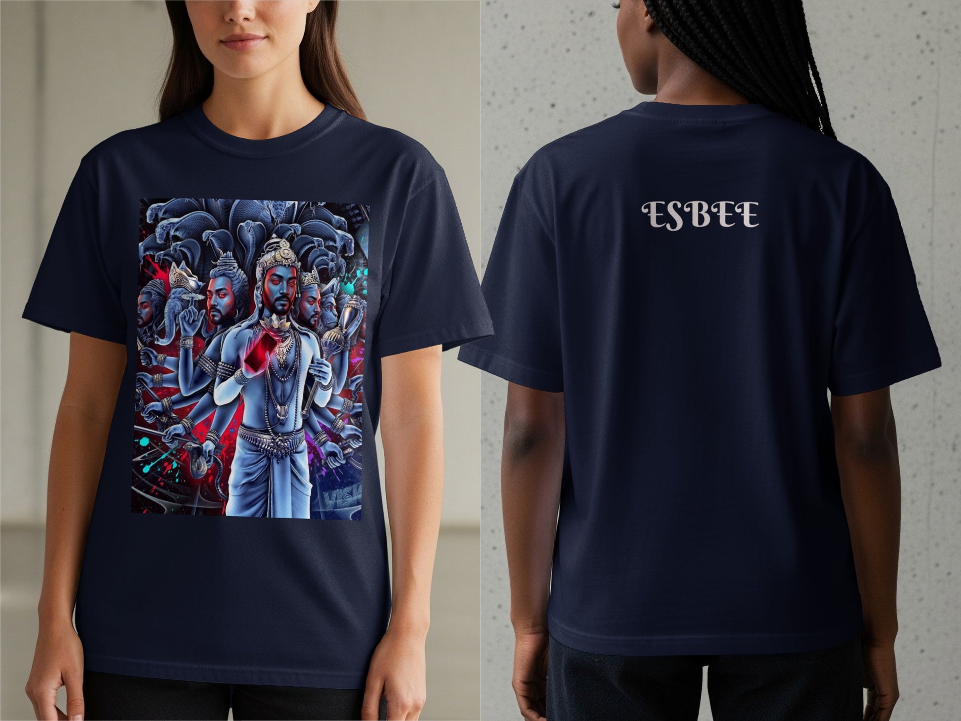Navy t-shirt with a multi-figure graphic on front and ESBEE text on back.