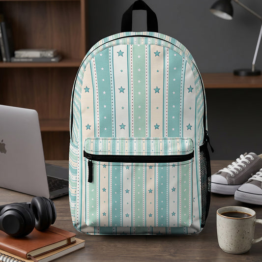 Backpack with blue and cream stripes and white stars pattern.