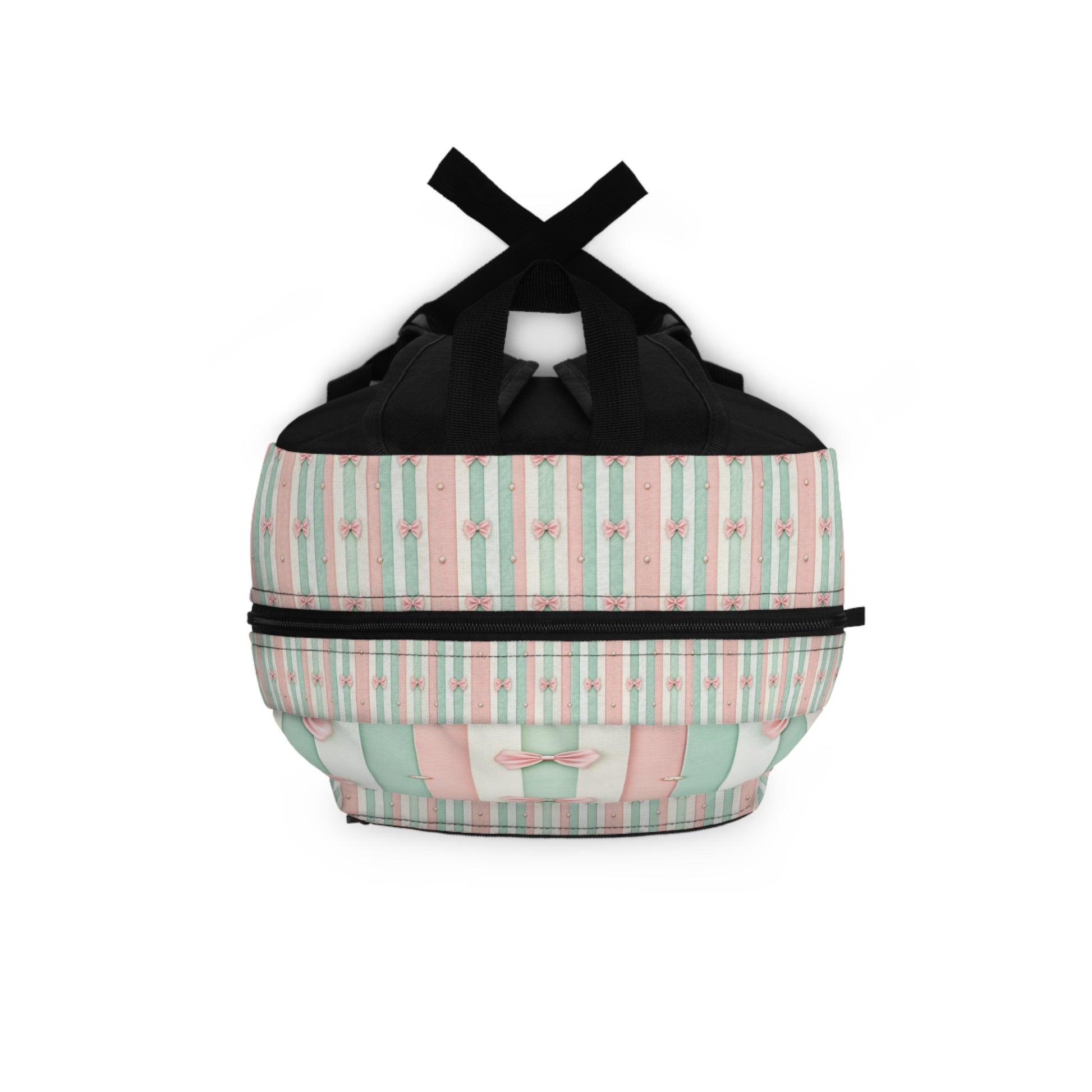 Striped backpack with pink bows and dots, featuring black straps.