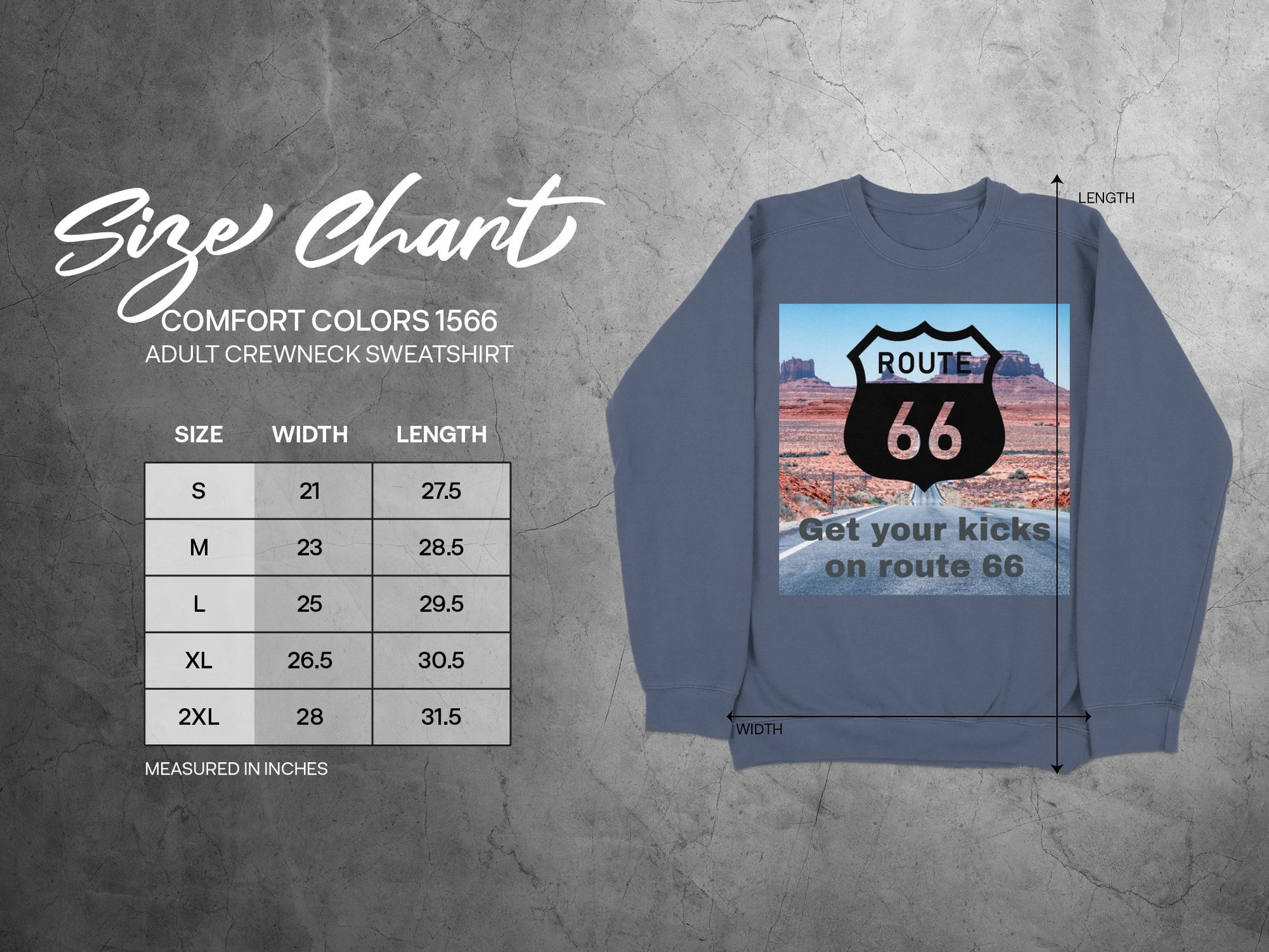 Comfort Colors 1566 adult sweatshirt size chart with Route 66 graphic.