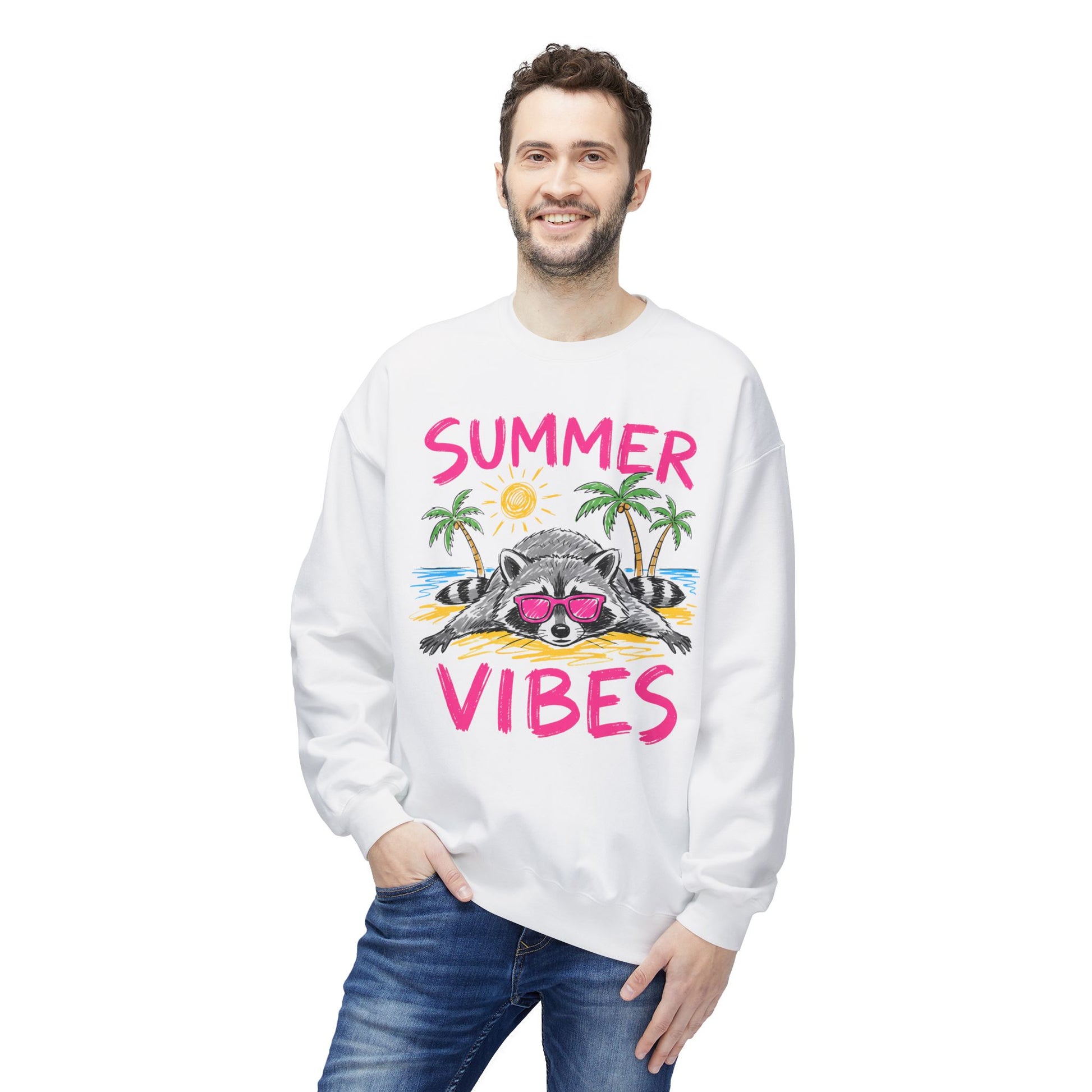White sweatshirt with a raccoon wearing sunglasses and palm trees, reading "Summer Vibes".