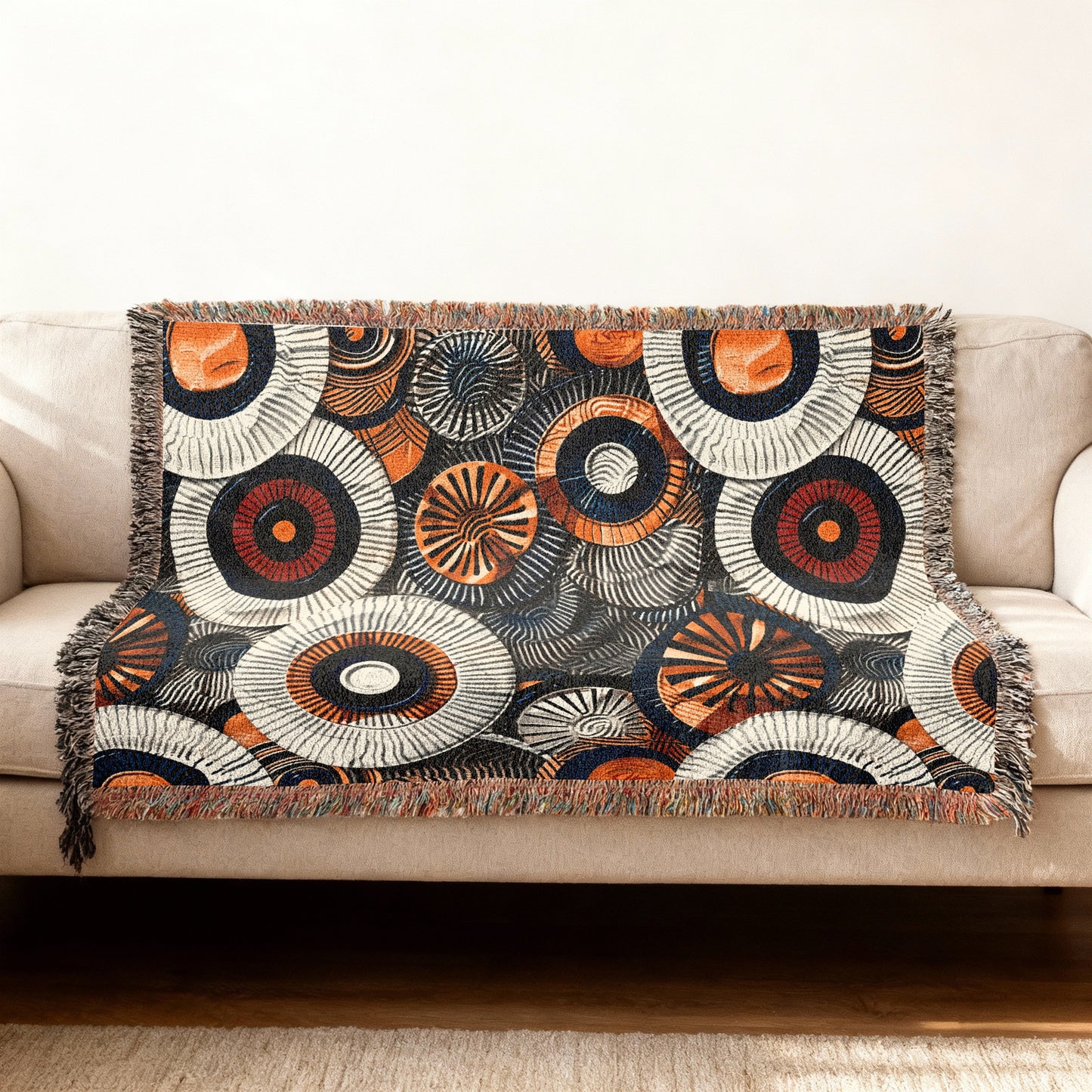 Woven throw blanket with abstract circular pattern in black, white, orange, and red.