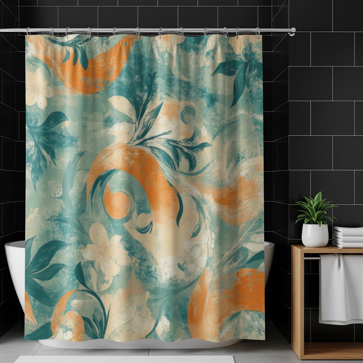 Artistic Abstract Floral Print Orange Blue Green Shower Curtain