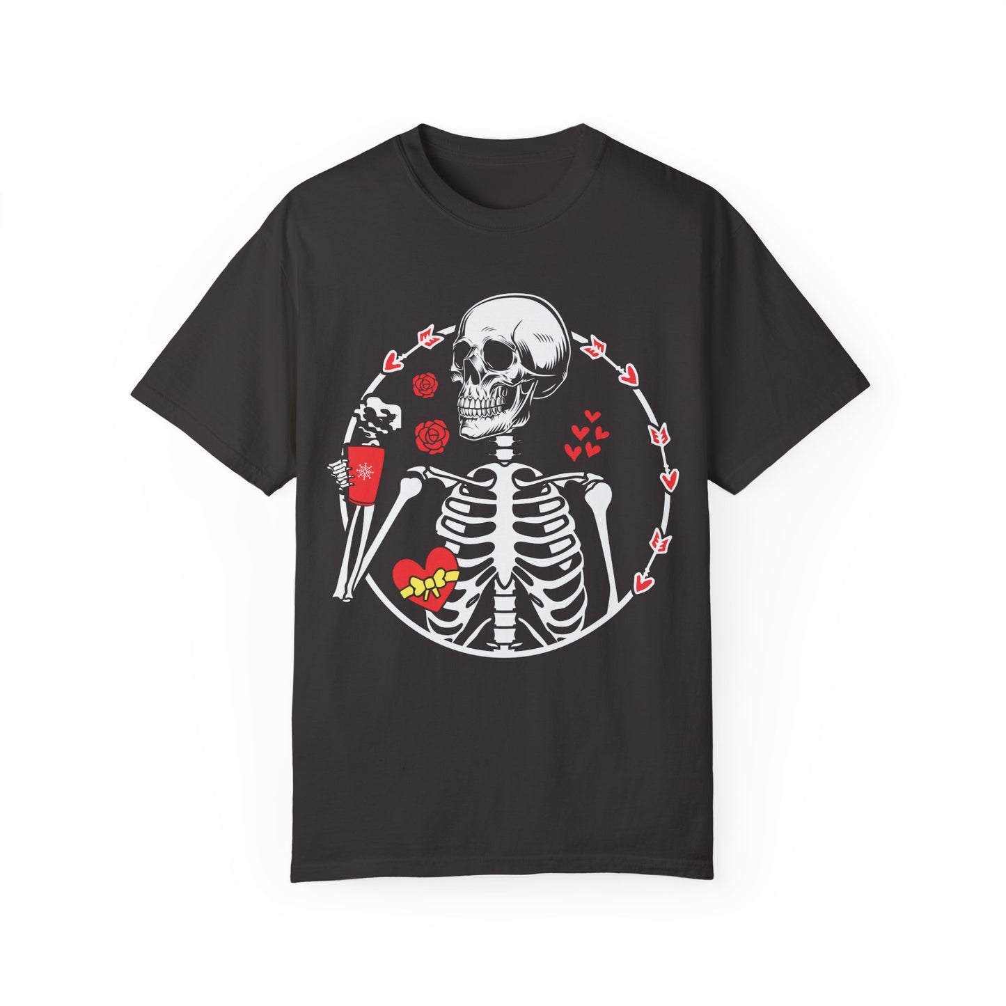Skeleton Holding Coffee Mug Valentine's Day Shirt, Goth Valentine Skeleton Graphic Tee