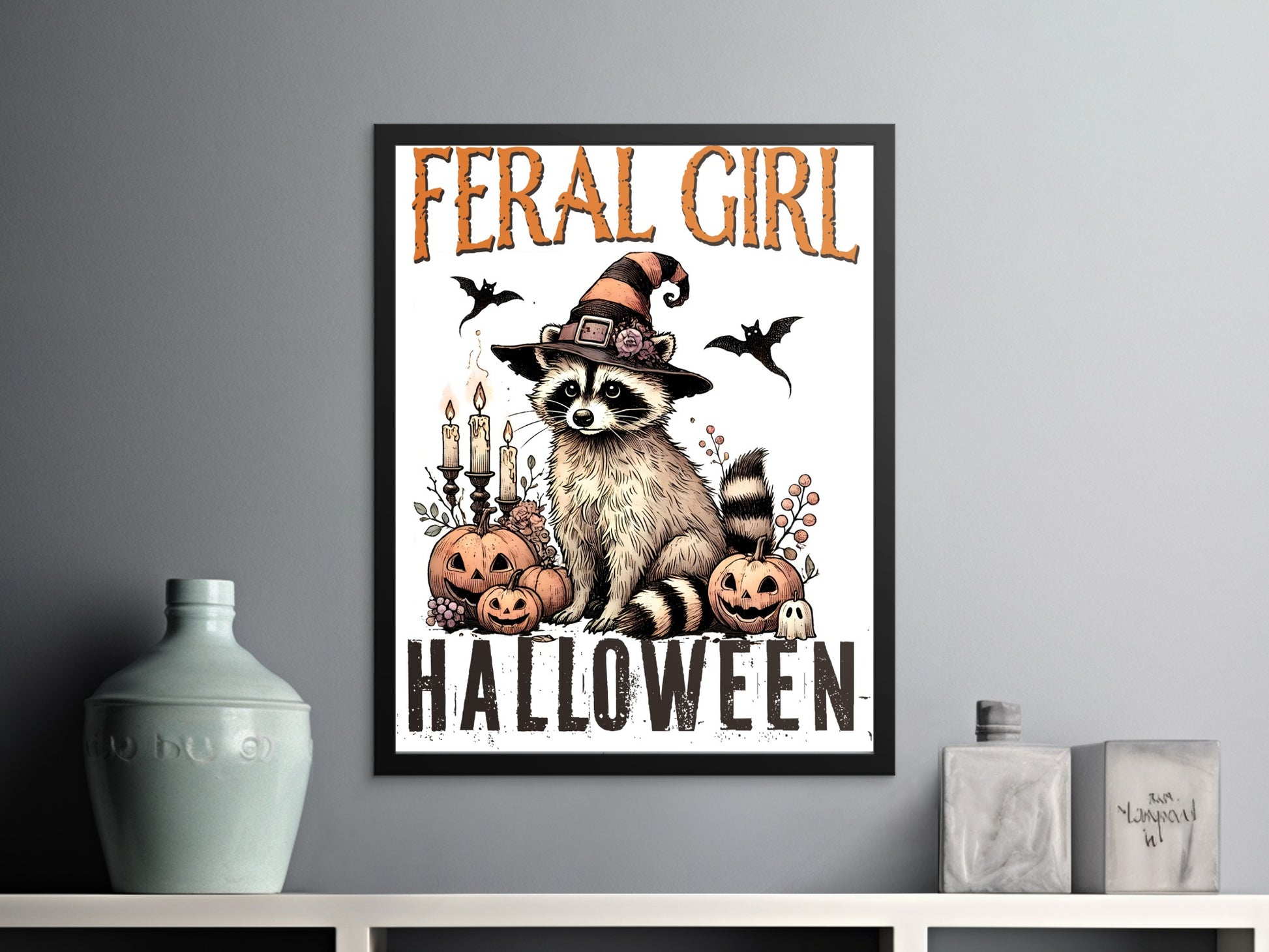 Feral Girl Halloween Poster with Raccoon Art Product