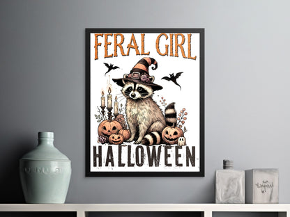 Feral Girl Halloween Poster with Raccoon Art Product