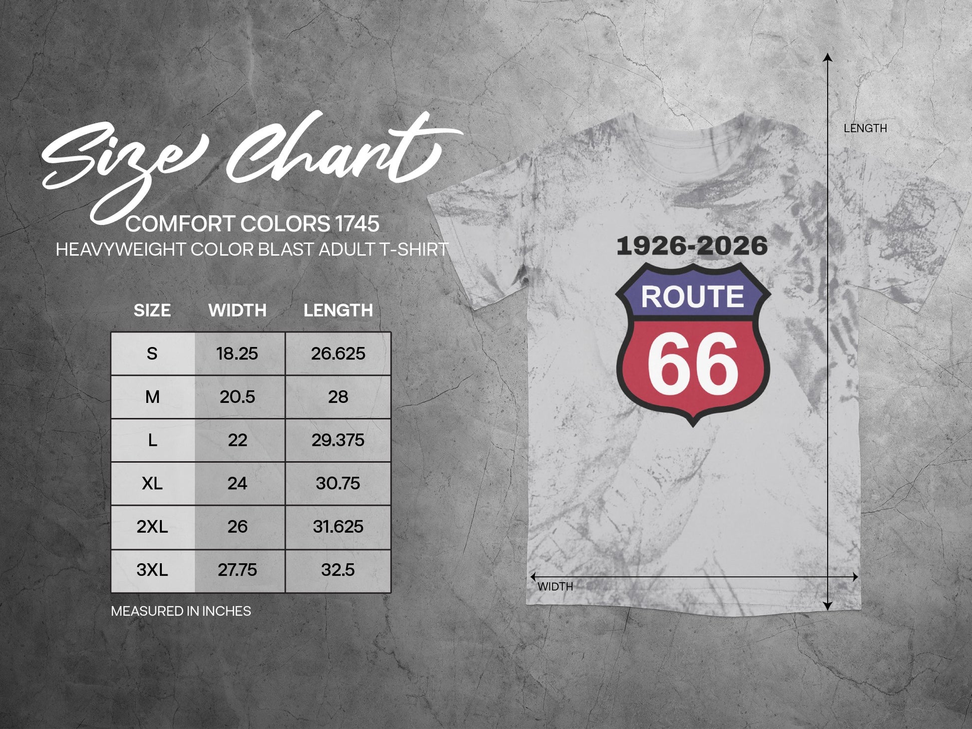 Comfort Colors 1745 t-shirt size chart with Route 66 graphic.