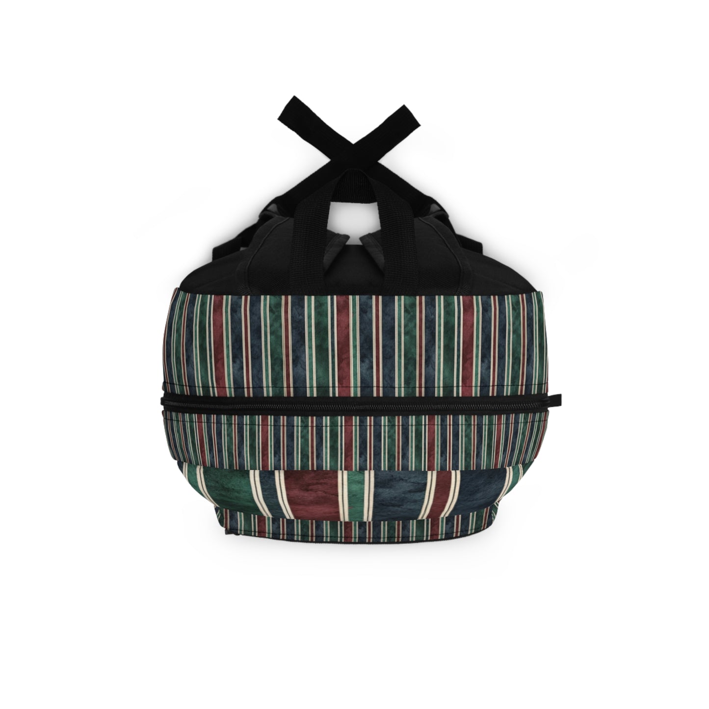 Backpack with vertical stripes of maroon, green, navy, and cream.