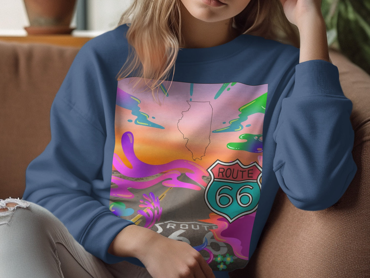 Sweatshirt with Route 66 Illinois map and colorful abstract art.