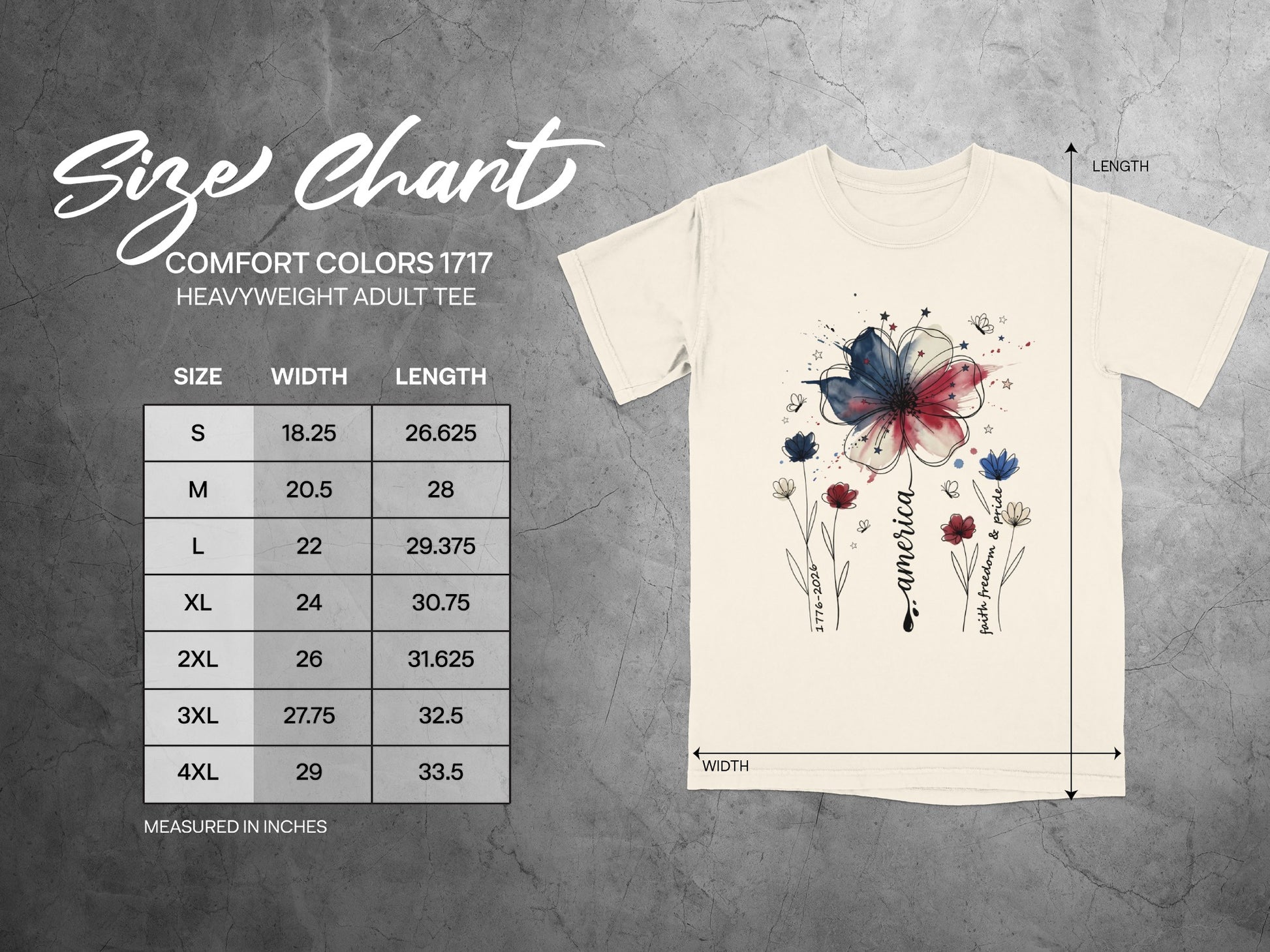 Size chart for Comfort Colors 1717 heavyweight adult tee.
