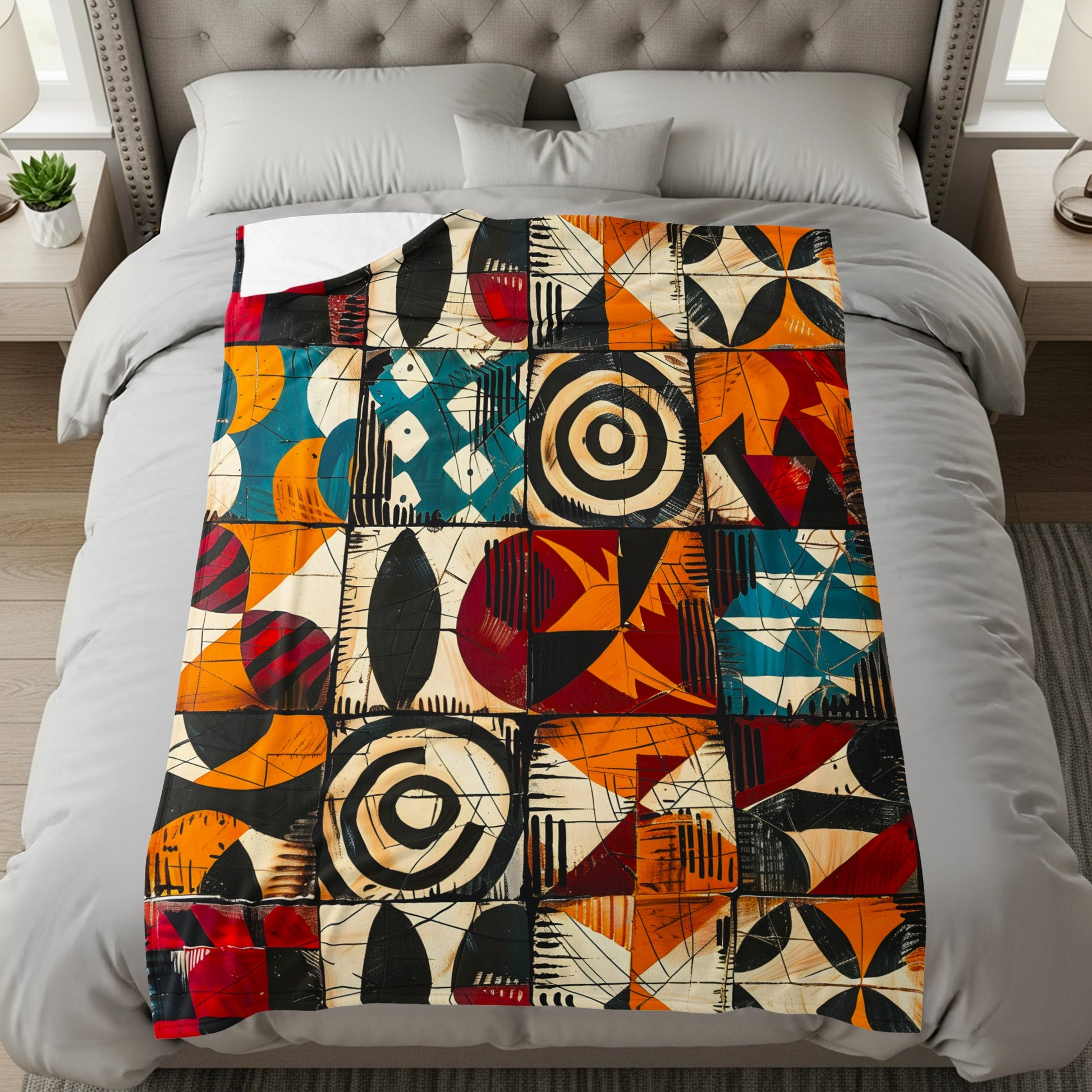 Quilted throw blanket with a vibrant abstract art pattern of squares in bold colors.