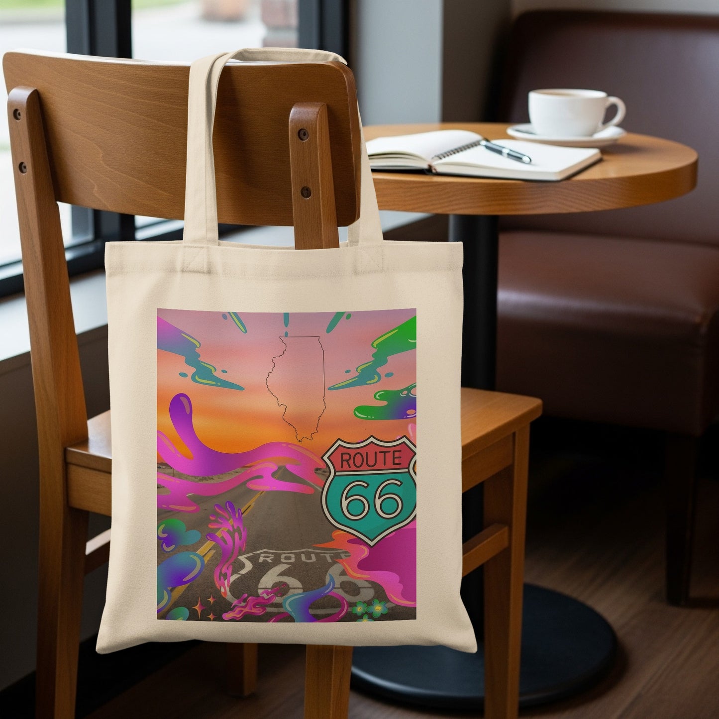 Beige tote bag featuring Route 66 sign and Illinois outline.