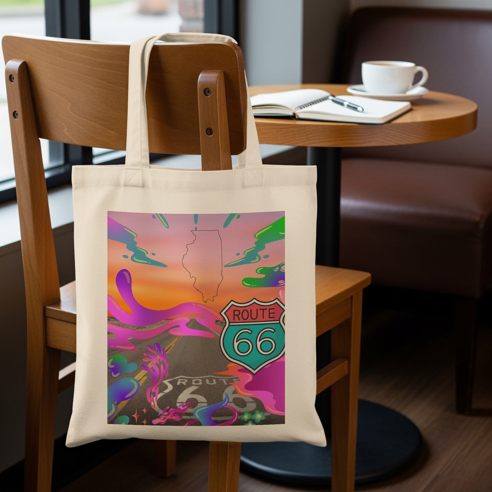Beige tote bag featuring Route 66 sign and Illinois outline.