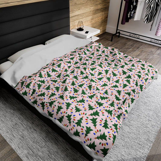 Pink Christmas Tree Velveteen Plush Blanket, Coquette Blanket