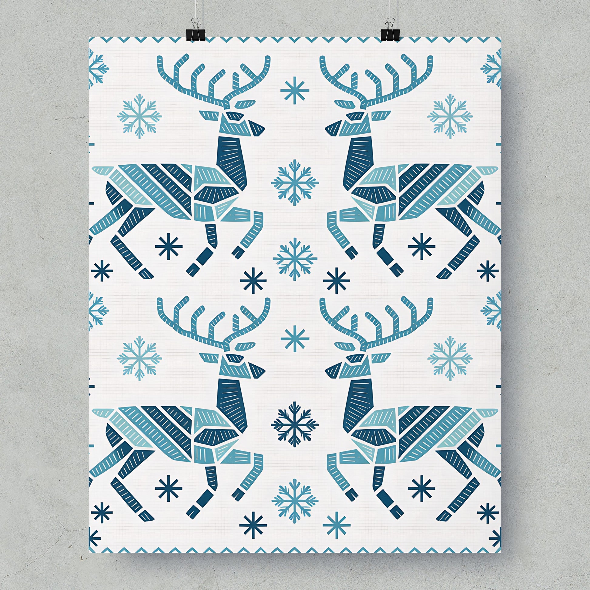 Geometric Winter Deer with Snowflakes Art Print