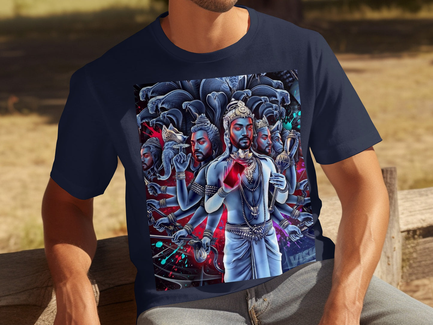 Dark blue t-shirt with a multi-armed deity figure and snakes.