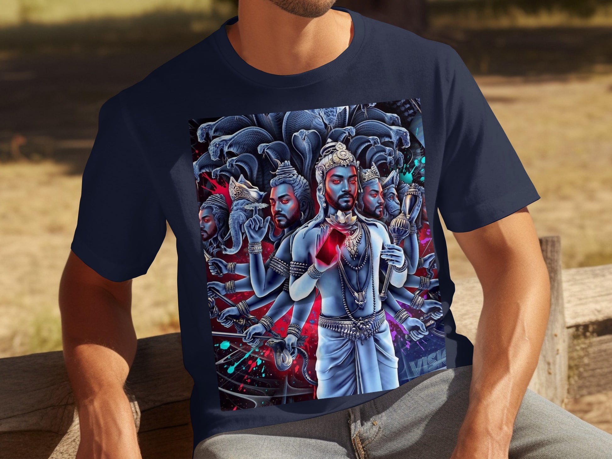 Dark blue t-shirt with a multi-armed deity figure and snakes.