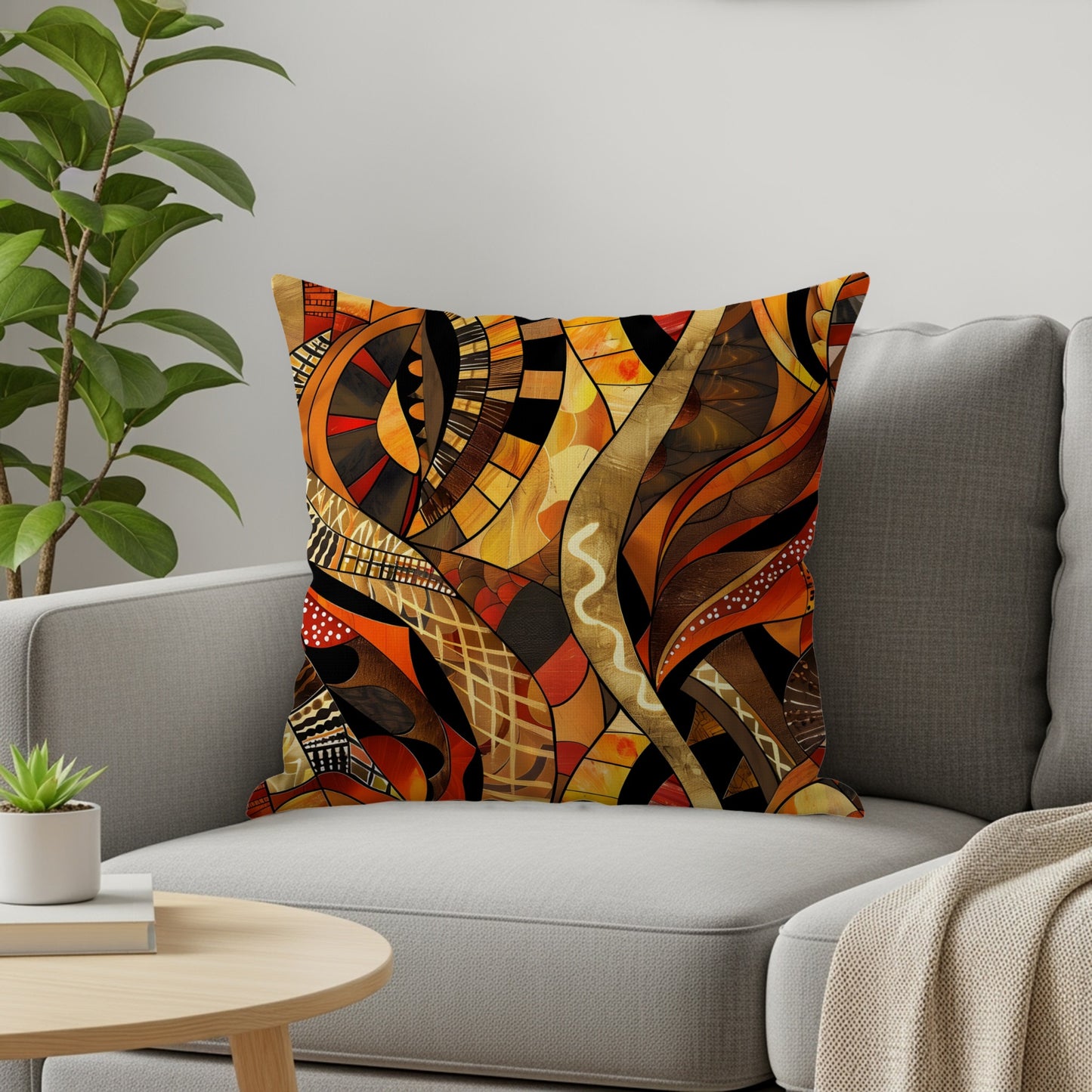Throw pillow with abstract geometric patterns in warm earth tones on a grey couch.