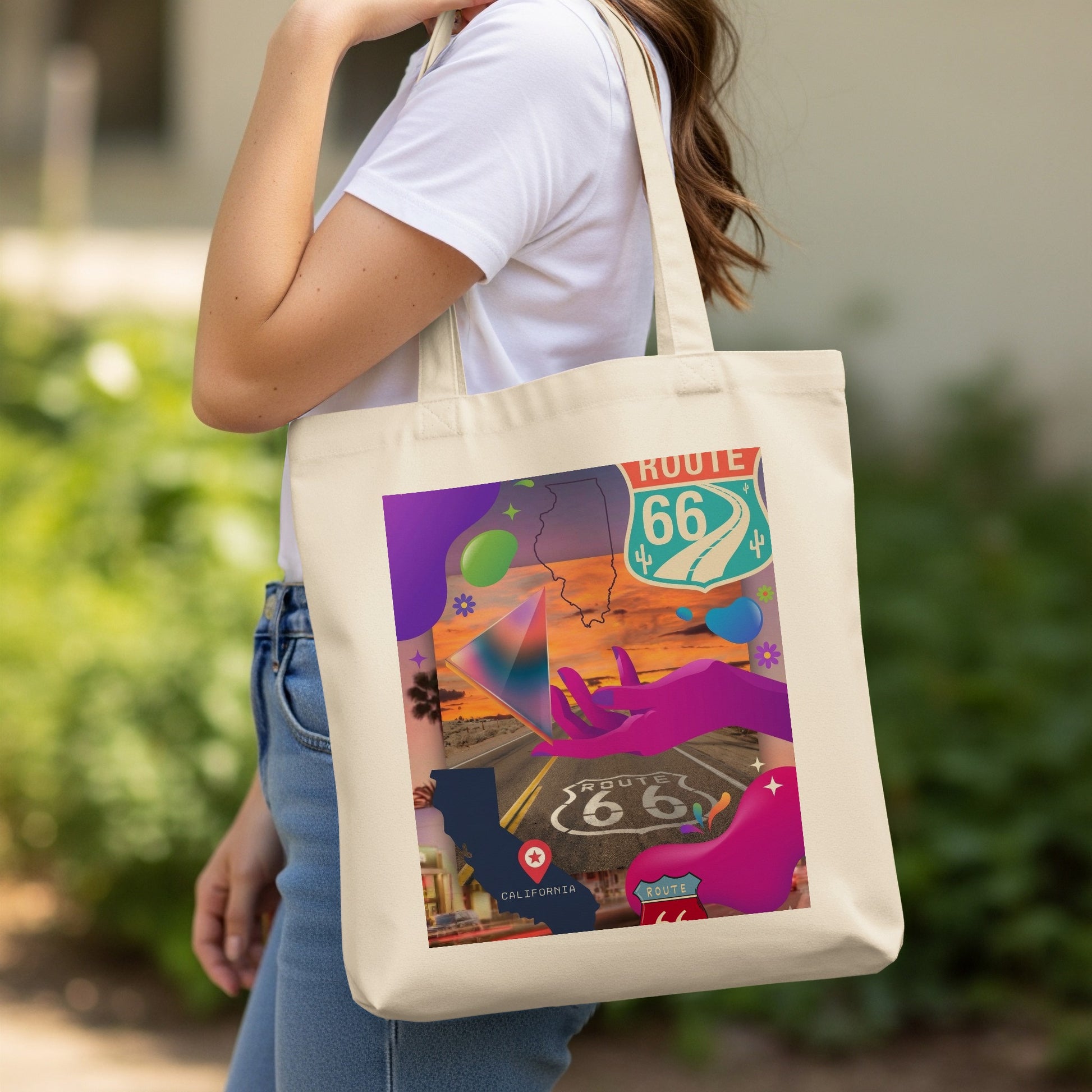 Tote bag with Route 66, California, and abstract art graphics.