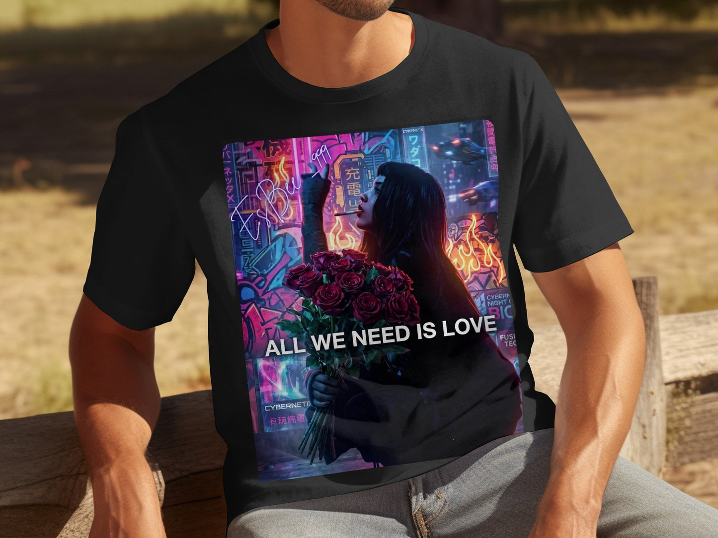 Black t-shirt with woman holding roses and neon lights, "ALL WE NEED IS LOVE" text.