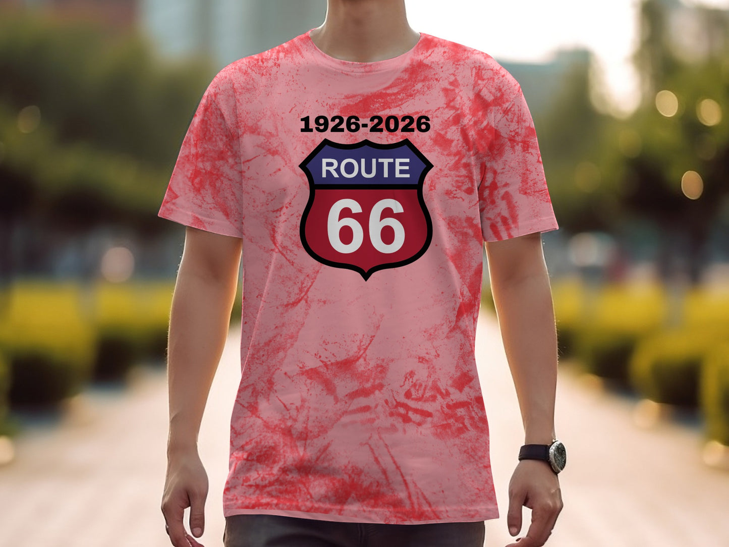 Pink tie-dye t-shirt with Route 66 shield and dates 1926-2026.