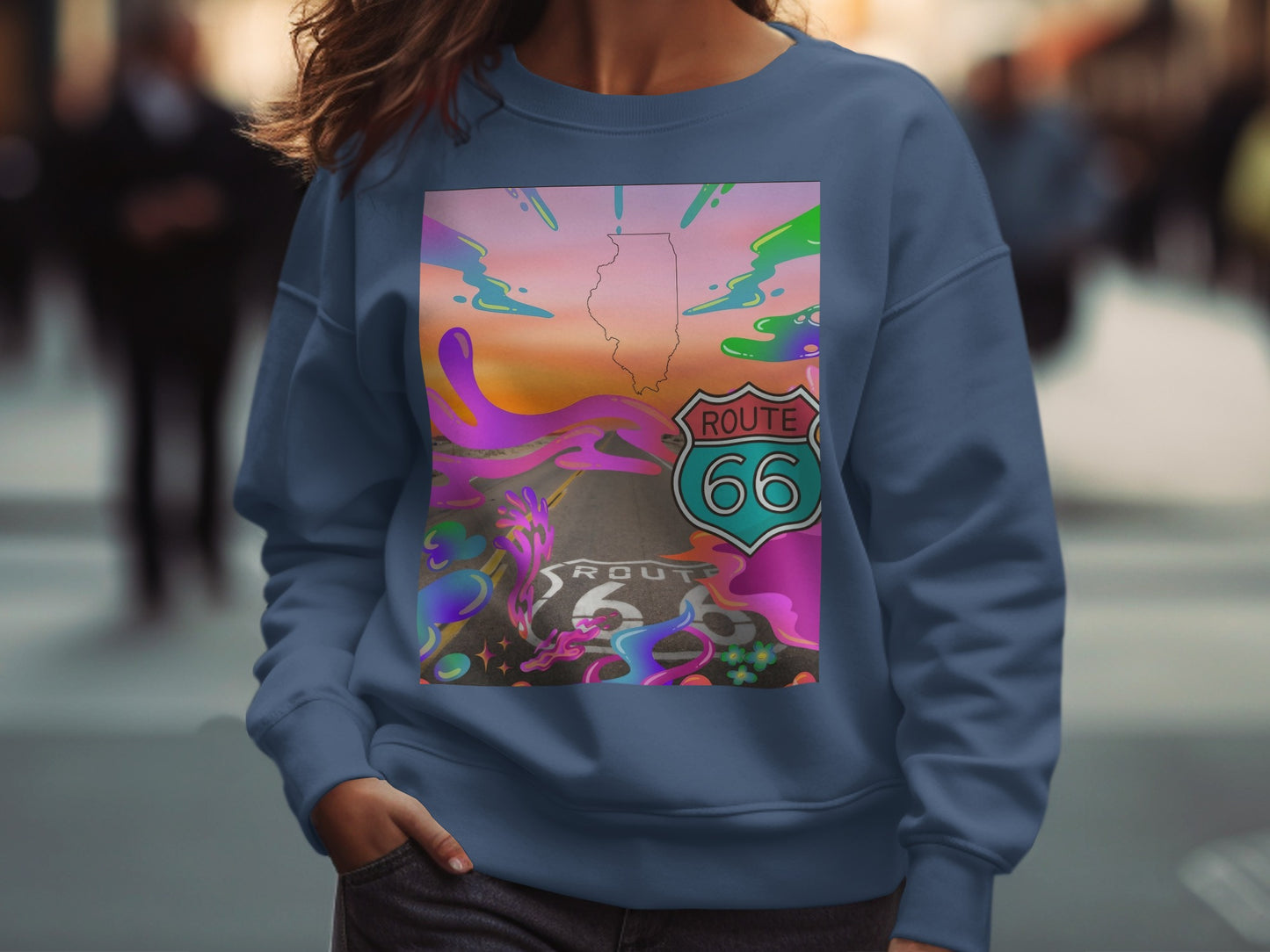 Navy sweatshirt with Route 66 graphic featuring Illinois state shape.