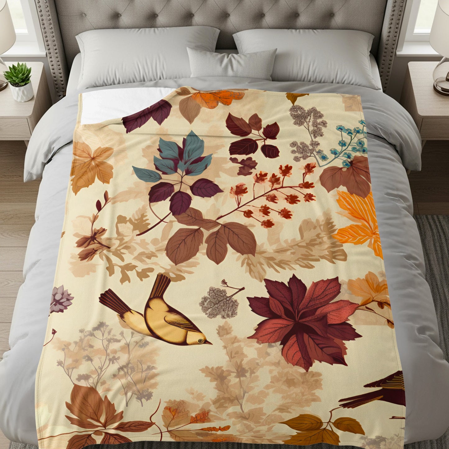 Cozy Bird and Leaf Pattern Blanket